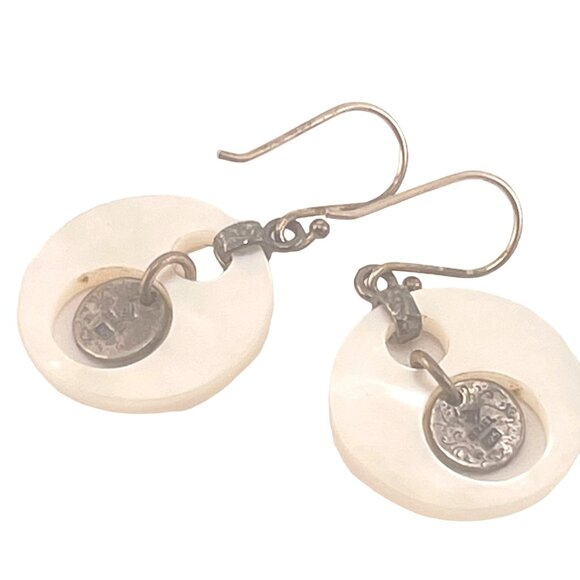 Vintage Mother Of Pearl & Metal Dangle Earrings Israel Made - Picture 4 of 10